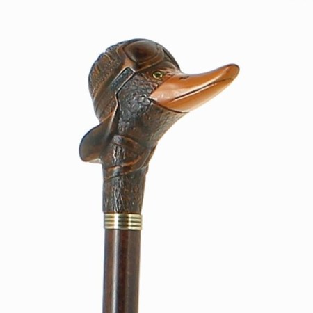 476-Canard-aviateur-en-resine-sur-baton-en-hetre-teinte-fonce